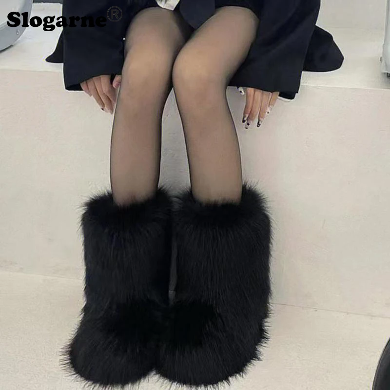 Damen Sexy Faux Fuchs Pelz Stiefel Frauen Flauschigen Pelz Schnee Stiefel Weibliche Winter Warme Plüsch Plattform Schuhe Pelzigen Pelz Bottes Luxus Stiefel
