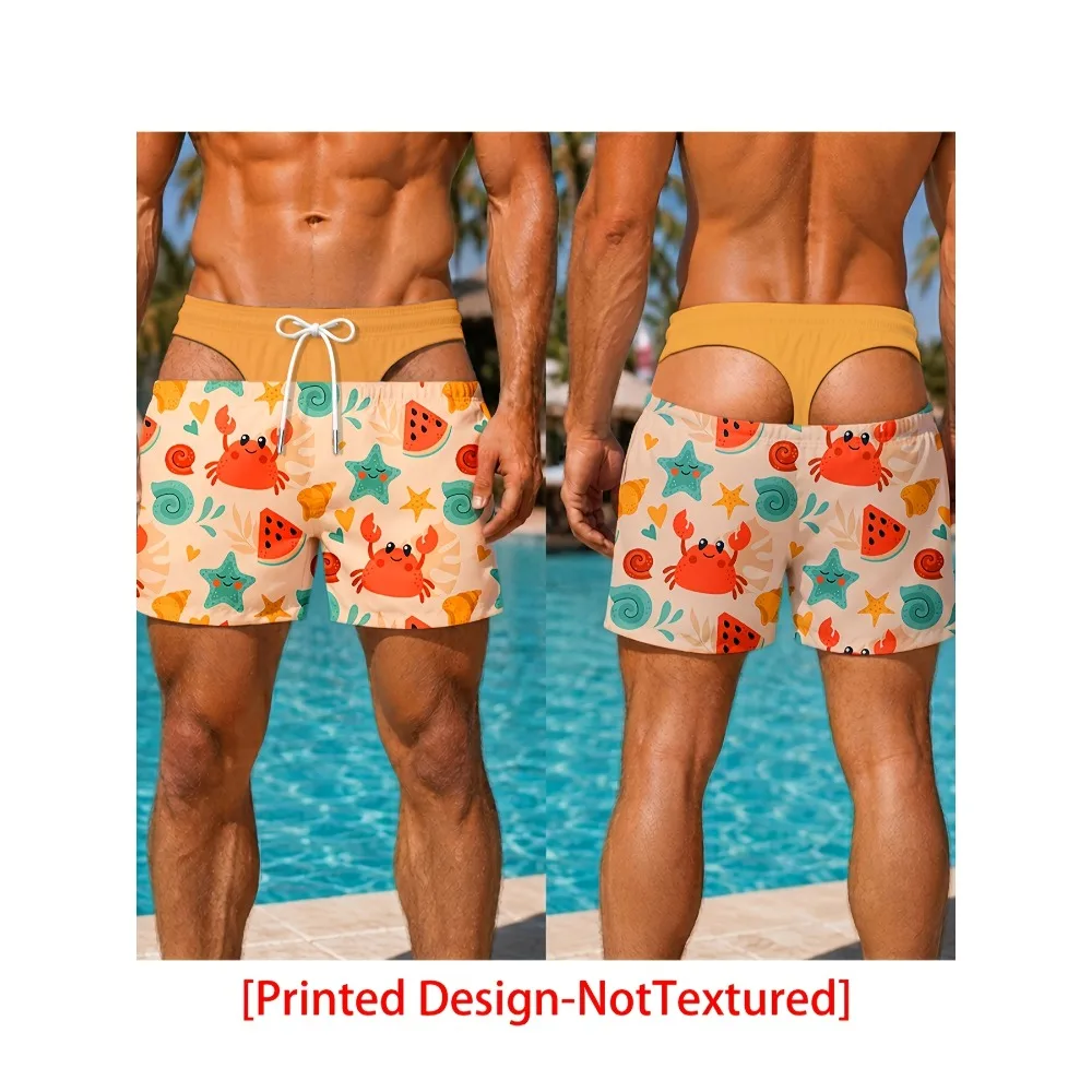 Mens Cute Crab Watermelon Fake Butt Cutout Optical Illusion Quick Dry Beach Swim Shorts
