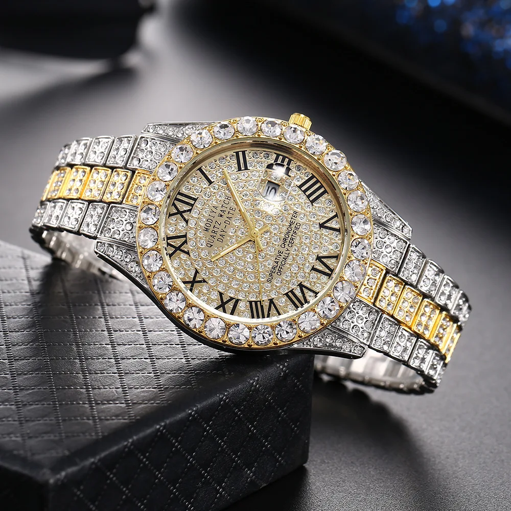 Luxury Classic Golden Men\'s Steel Strap Roman Scale Rhinestone Calendar Quartz Watch Fashion Male Wristwatch Relogio Masculino