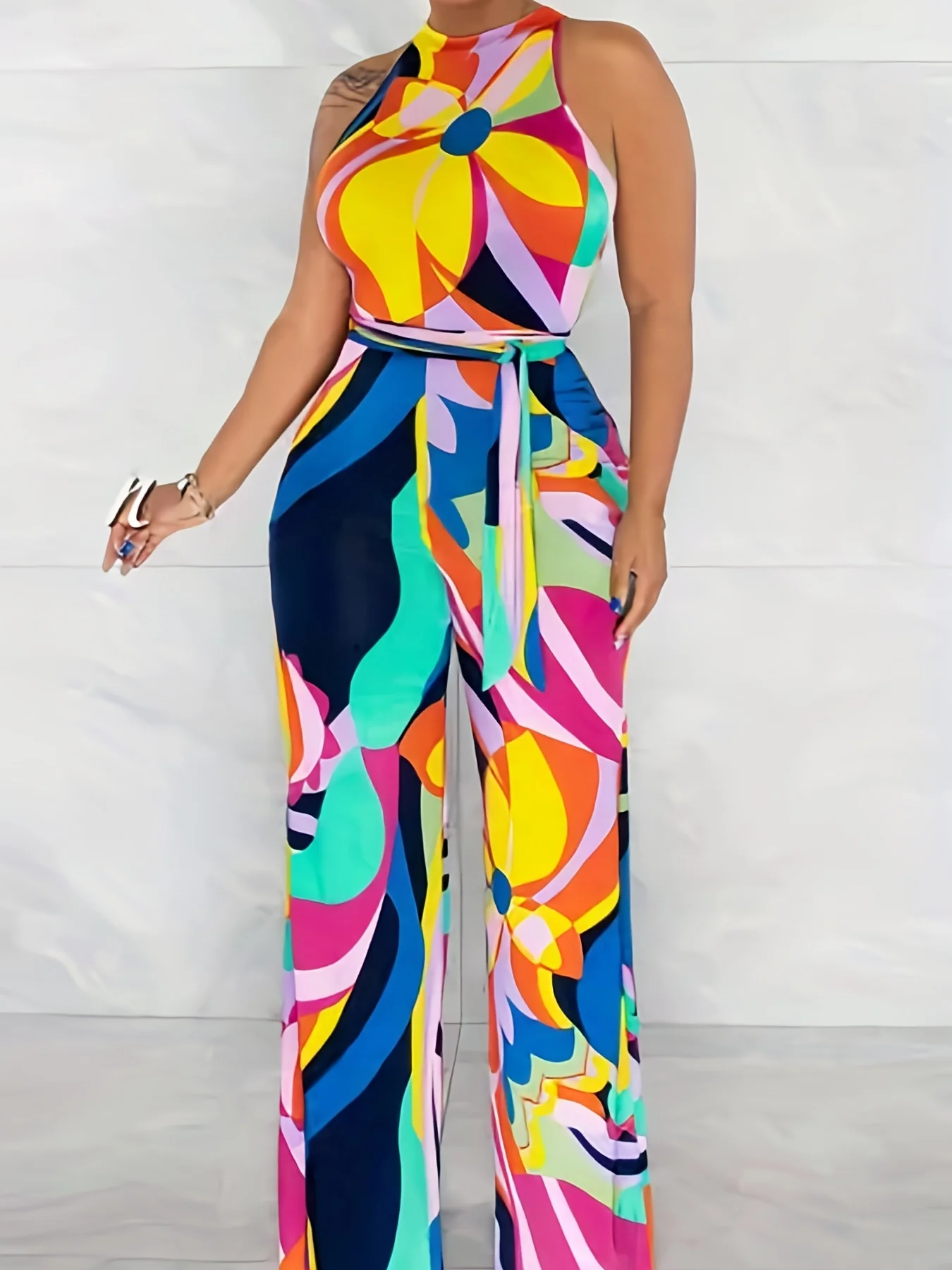 

Floral Print O-Neck Regular-Fit Jumpsuit - Belted, for Casual Daily Wear