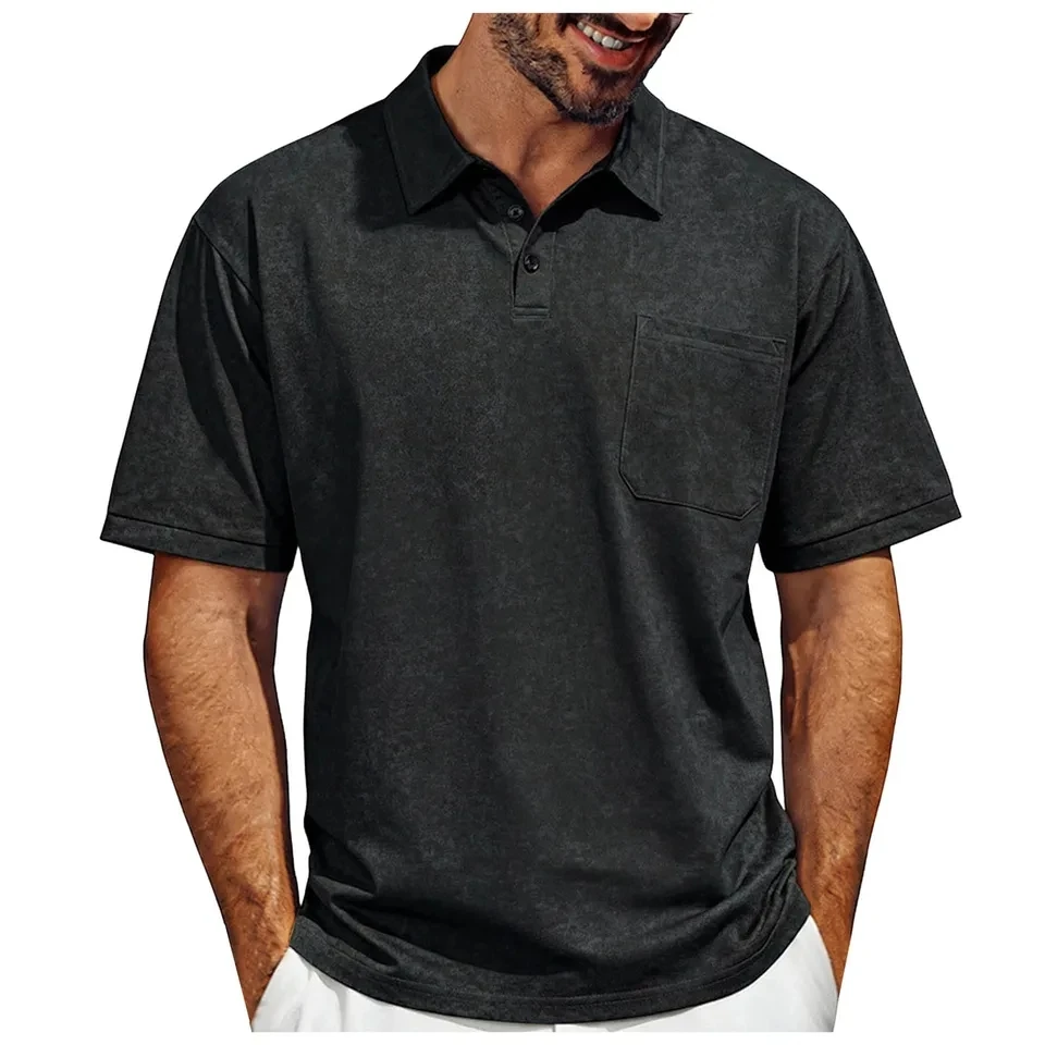 

Retro Mens POLO Shirt Summer Short Sleeve Pullover Top Solid Color Streetwear Lightweight Lapel T-Shirts For Men Sport Tops