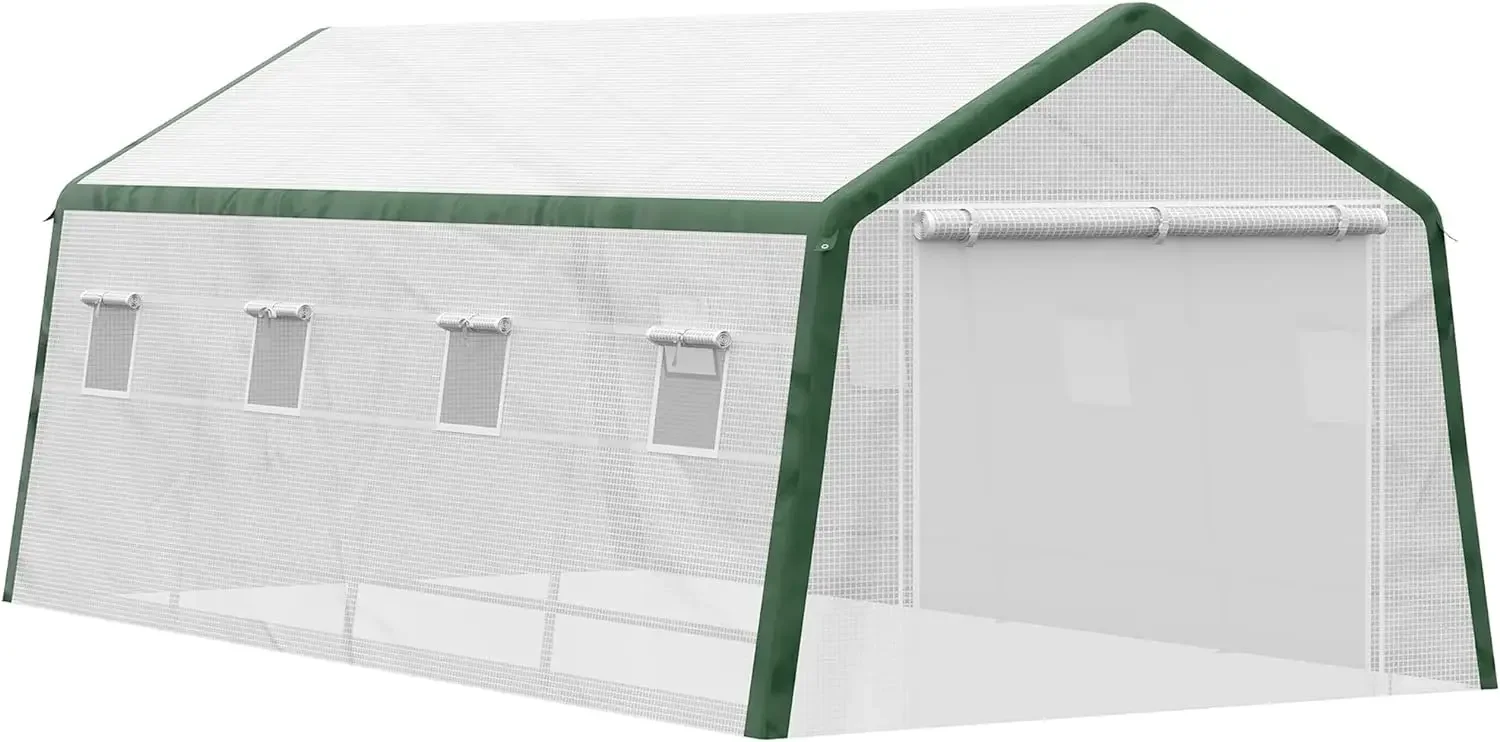 

19.7' x 10' x 8' Outdoor Walk-in Greenhouse, Hot House with Mesh Windows, Bottom Vent, Zippered Door, PE Cover, Heavy Duty Steel