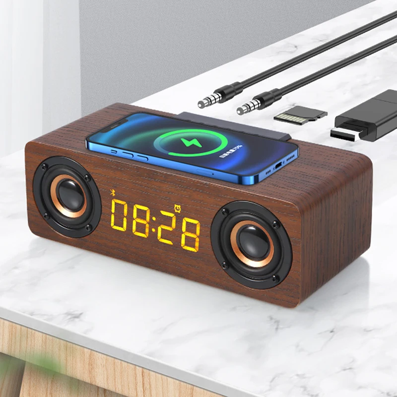 

Wooden Radio Clock,5.0 Bluetooth Wireless Charging Alarm Clock ，Double Horn Retro Speaker