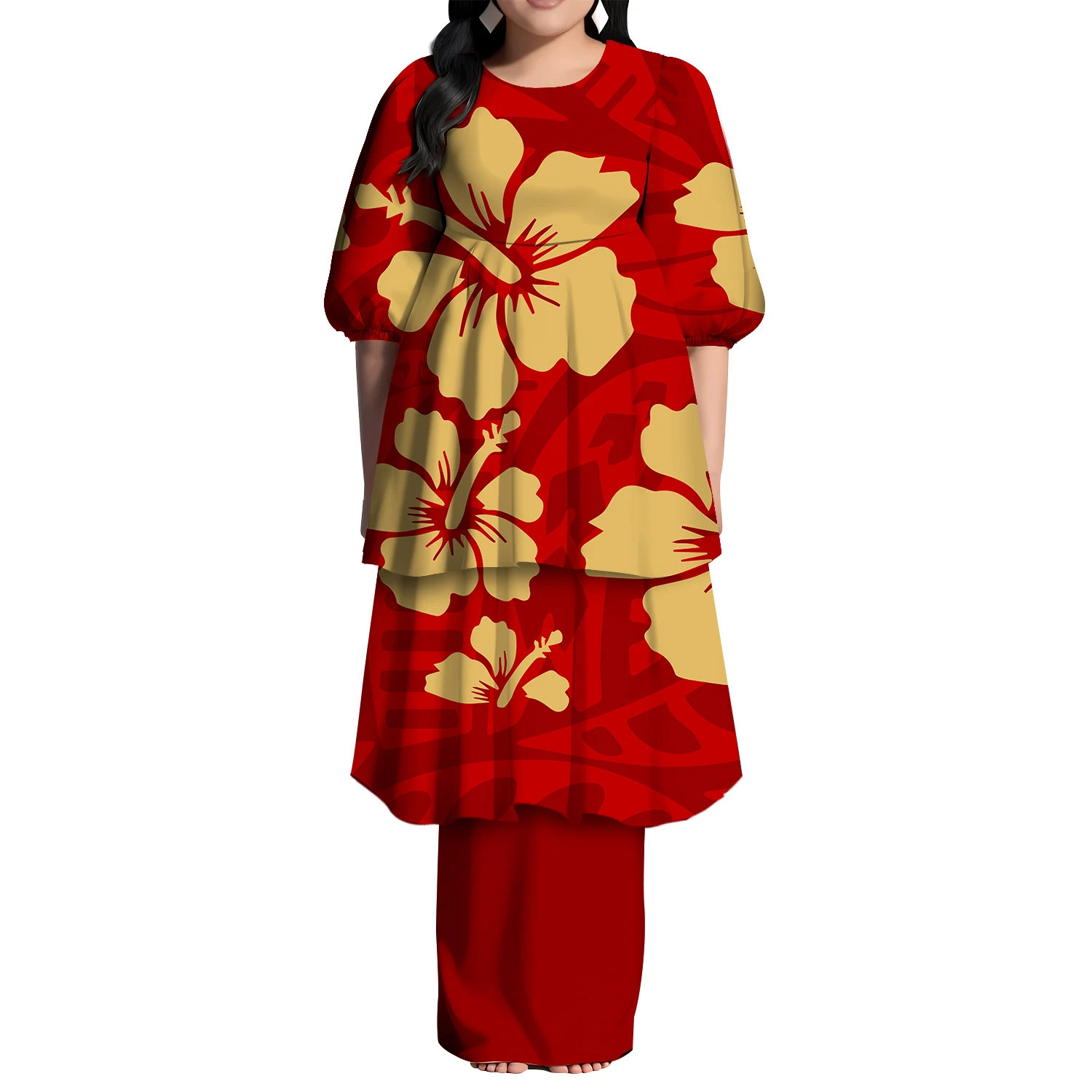 

Высококачественное синее женское платье с гавайским принтом и короткими рукавами, многослойное платье с оборками Tonga Puletasi, комплект из 2 предметов