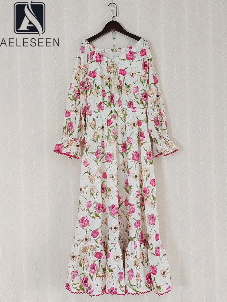 

AELESEEN Runway Fashion Long Dress Women Spring Summer Slash Neck Lantern Flower Print Embroidery High Quality Elegant Party