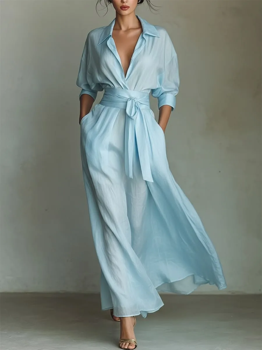 Hellblaues Hemdkleid mit Gürtel, V-Ausschnitt, Dreiviertelärmel, fließendes langes Kleid mit Taschen, elegantes, lässiges Sommerkleid