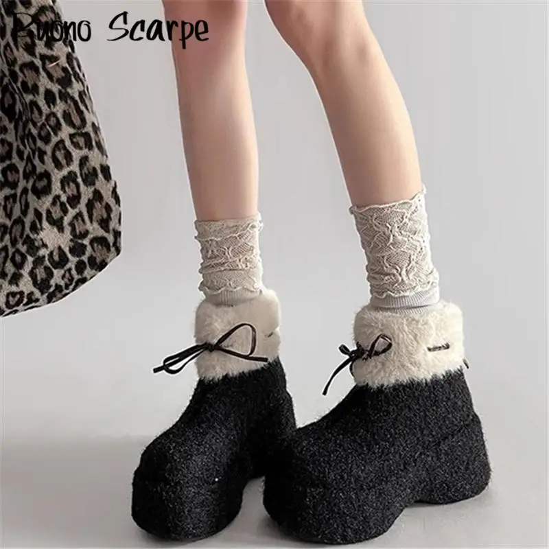 

Зимние женские ботинки в стиле Лолиты с узлом-бабочкой и круглым носком на толстой подошве на платформе и массивном каблуке, однотонные модные повседневные зимние ботинки на молнии