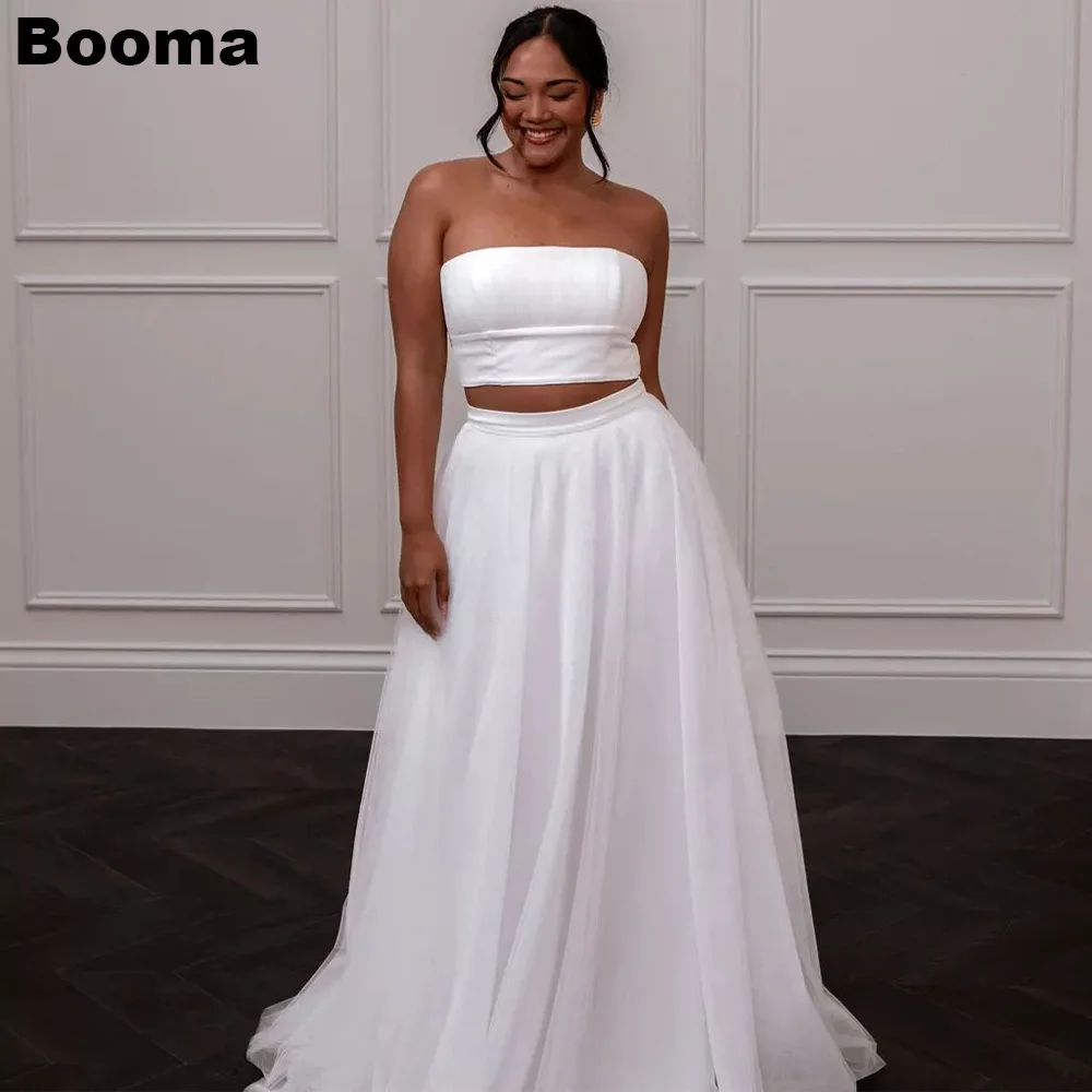 Booma A-Line Long Elegant Wedding Dresses Strapless Sleeves 2pieces Brides Party Gowns for Women Evening Dresses Bespoke