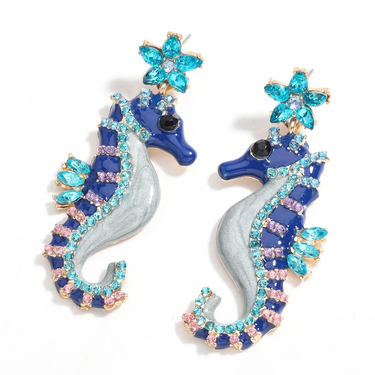 Cute Blue Black Crystal Seahorse Drop Earring for Woman Marine Animal Earrings Jewelry