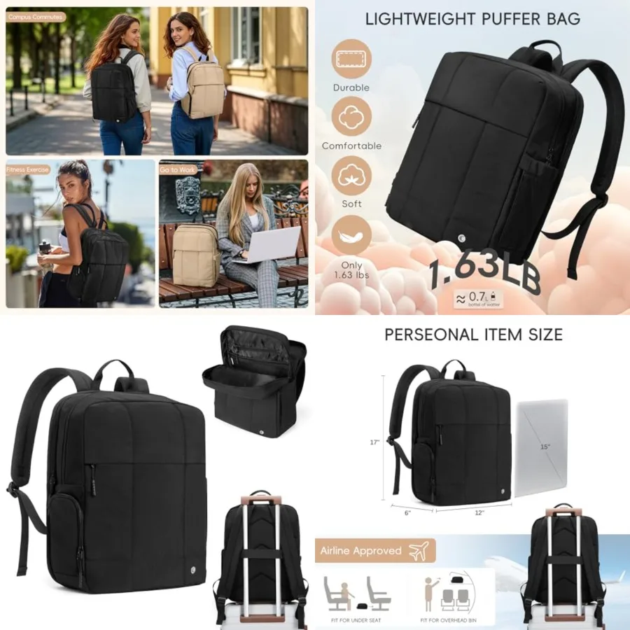 

Lightweight Travel Backpack Carry on Flight Approved, Puffy Gym Backpack with Shoe Compartment, Personal Item Travel Bag, 15.6