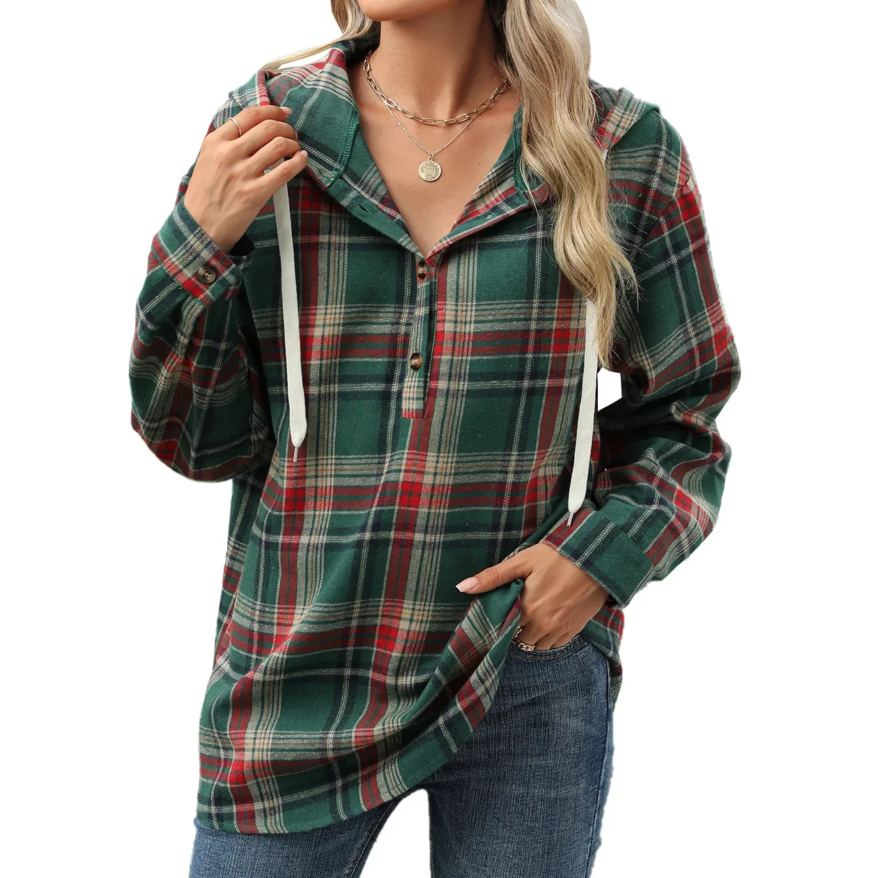 

2024 Autumn and Winter New Street Comfort Commuting Urban Wind Loose Long-sleeved Hooded Button Plaid Jacket Hoodie Woman