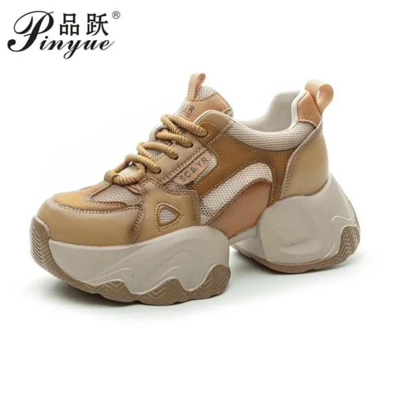 

7,5 см кожаные туфли из микрофибры с воздушной сеткой на плоской подошве, модные женские весенние туфли на танкетке со шнуровкой, массивные вулканизированные кроссовки на платформе, размеры 34-40