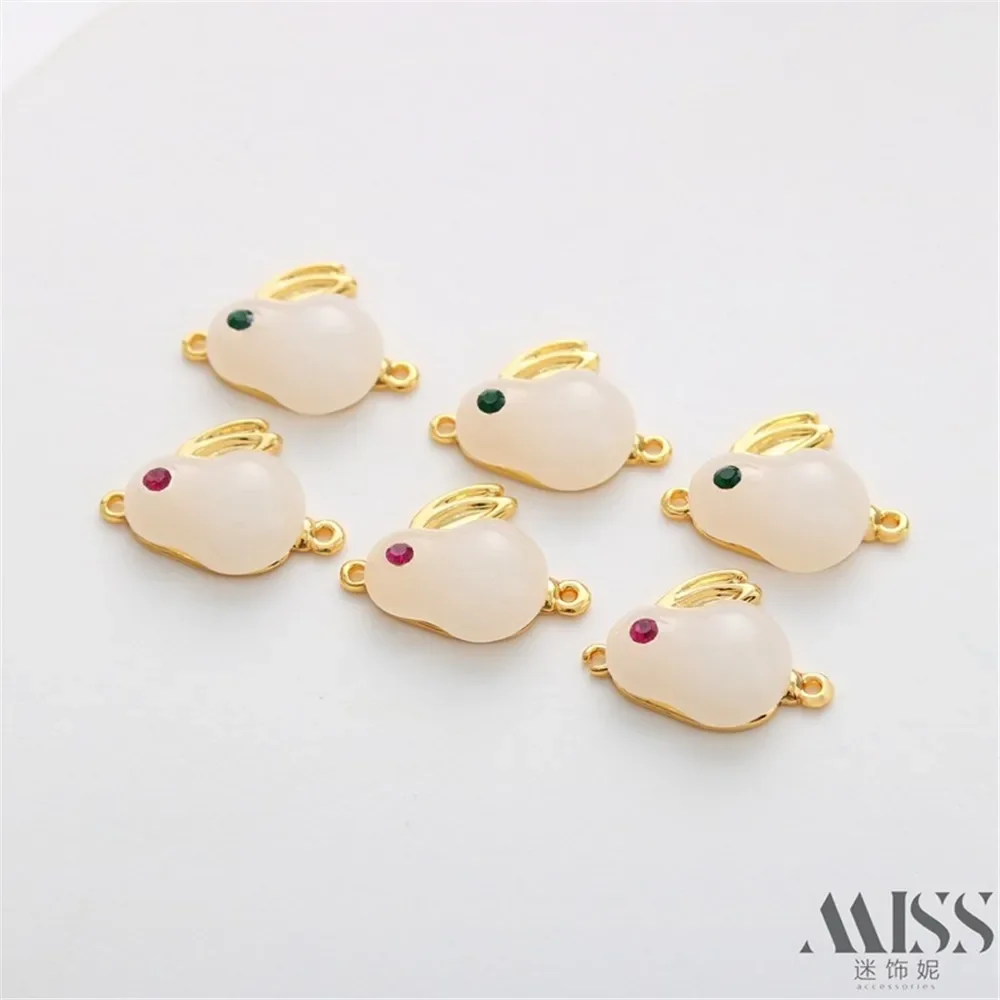 18K Gold Color Double Hanging Jade Rabbit Pendant Imitation Hotan Jade Connection Accessories Diy Gold Bracelet Necklace Jewelry