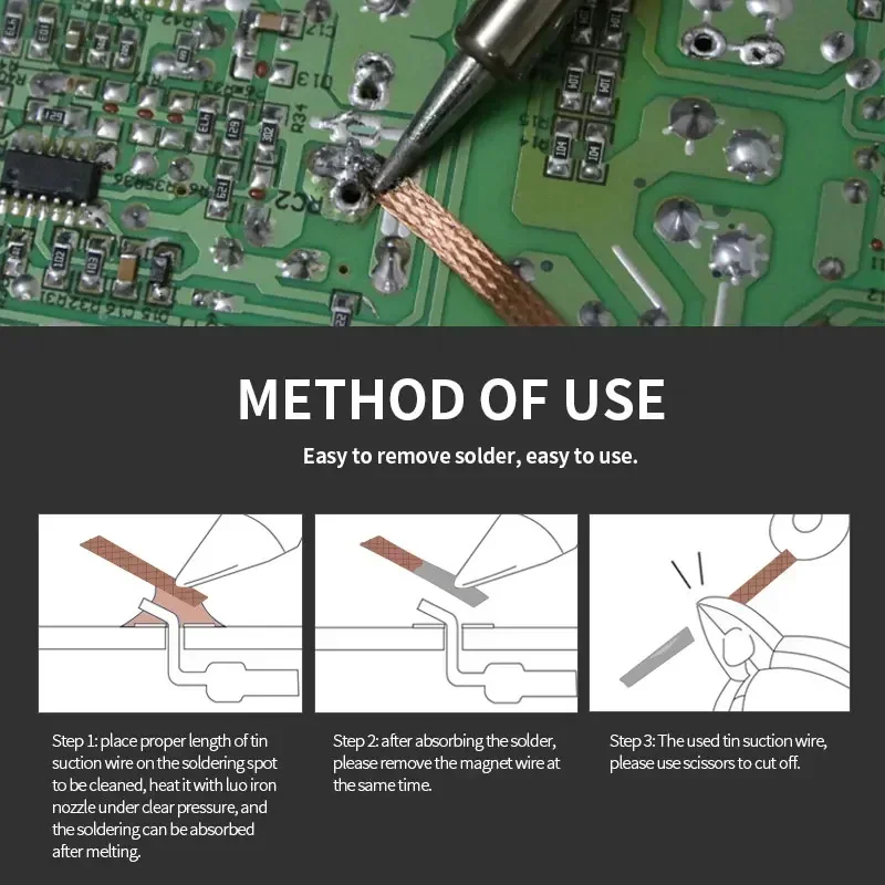 Mecha para soldar trenza desoldadora, removedor de soldadura, 1,5 M de ancho, 1, 1,5, 2, 2,5, 3, 3,5, 4mm, cable de plomo, Flux BGA, herramienta de reparación