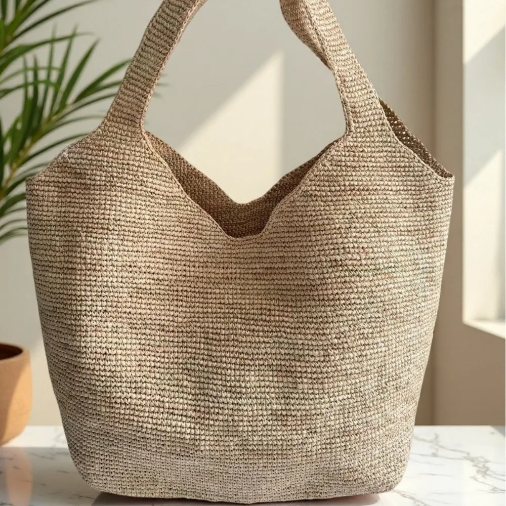 

Hand Hook Raffia Woven Bag Women's Summer Outing Large Capacity Shoulder Tote Bag Vacation Portable Beach Texture Fashion Simple