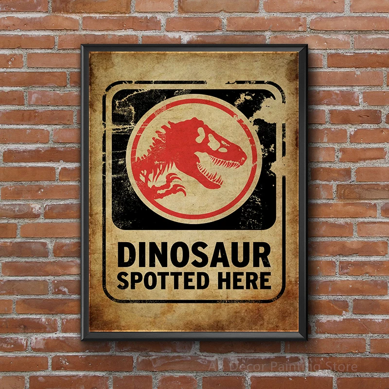 Dinosaur Spotted Here Retro Poster Dinosaurs Danger Warning Sign Prints Vintage Aesthetic Home Room Cafe Art Wall Decor Painting