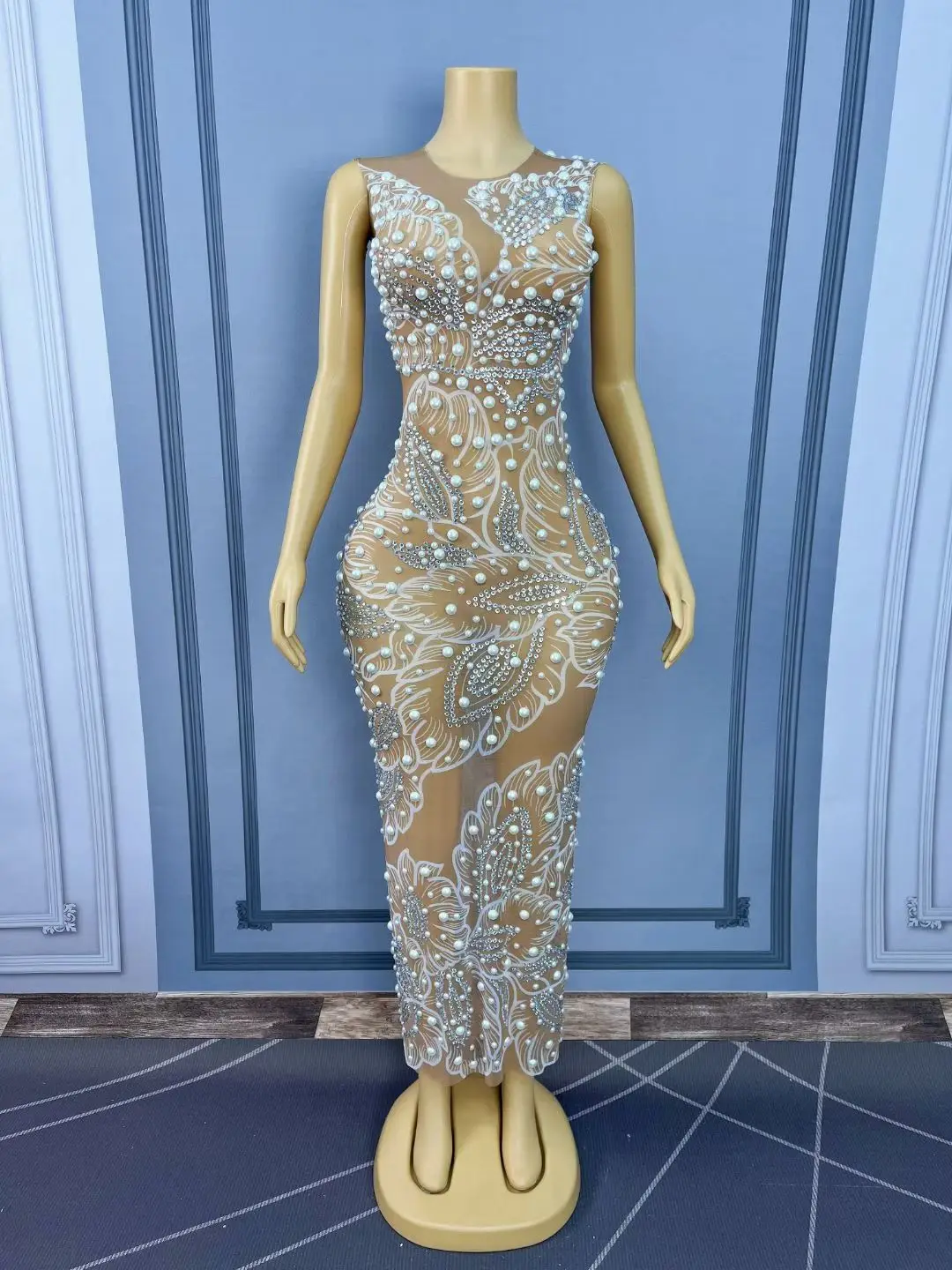 Frauen Luxus Prom Kleider Glänzenden Strass Perlen Mesh Lange Geburtstag Promi Abend Club Party Kleid Damen Bühne Kostüme