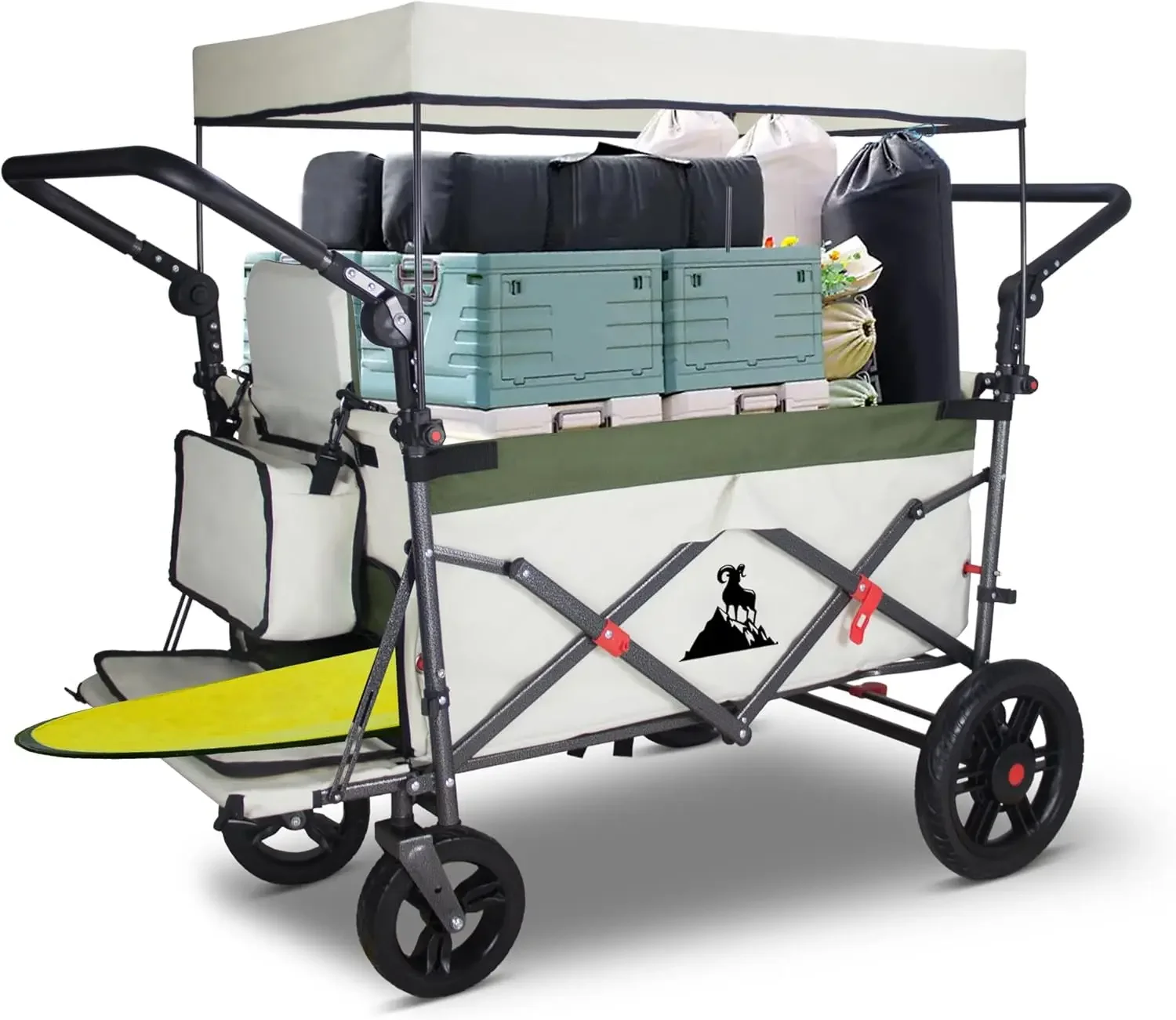 Foldable Wagon with Canopy - Collapsible Utility Cart with 2 Seats & Belts, Adjustable Handle