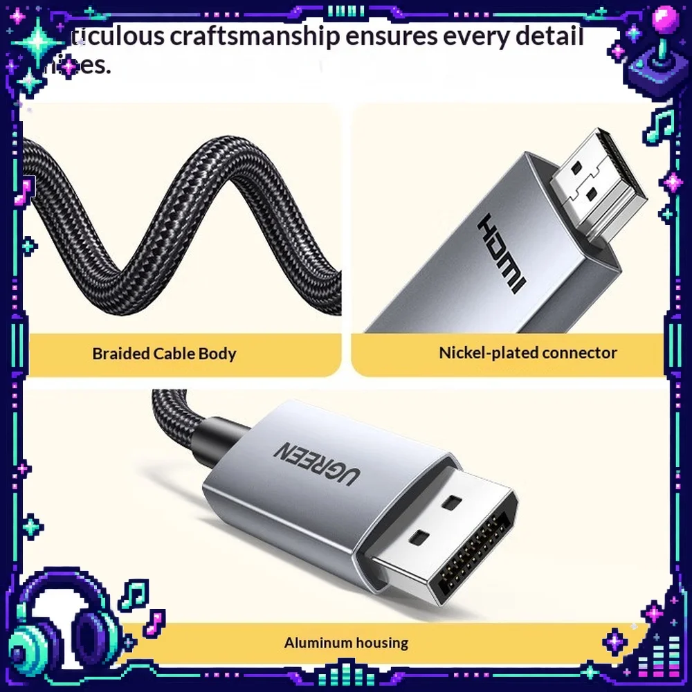 UGREEN 35846 HDMI to DisplayPort Cable 8K 60Hz 4K 144Hz HDMI 2.1 DP 1.4 USB Powered 1.5m Braided Video Adapter for Monitor