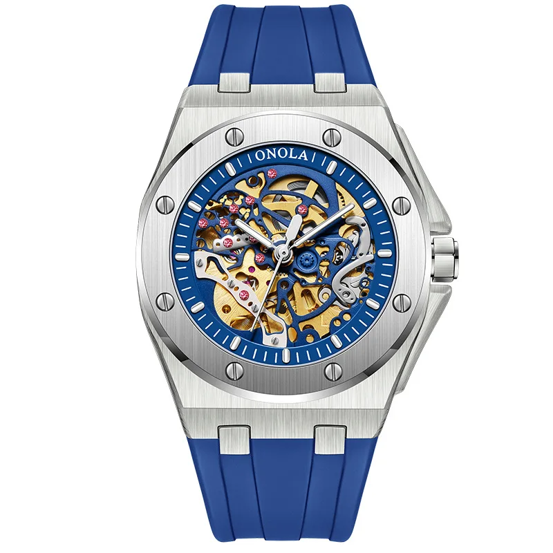 Automatic Mechanical Watch for Men with Hollow Dial Luminous Hands and Multicolor Silicone Strap Waterproof