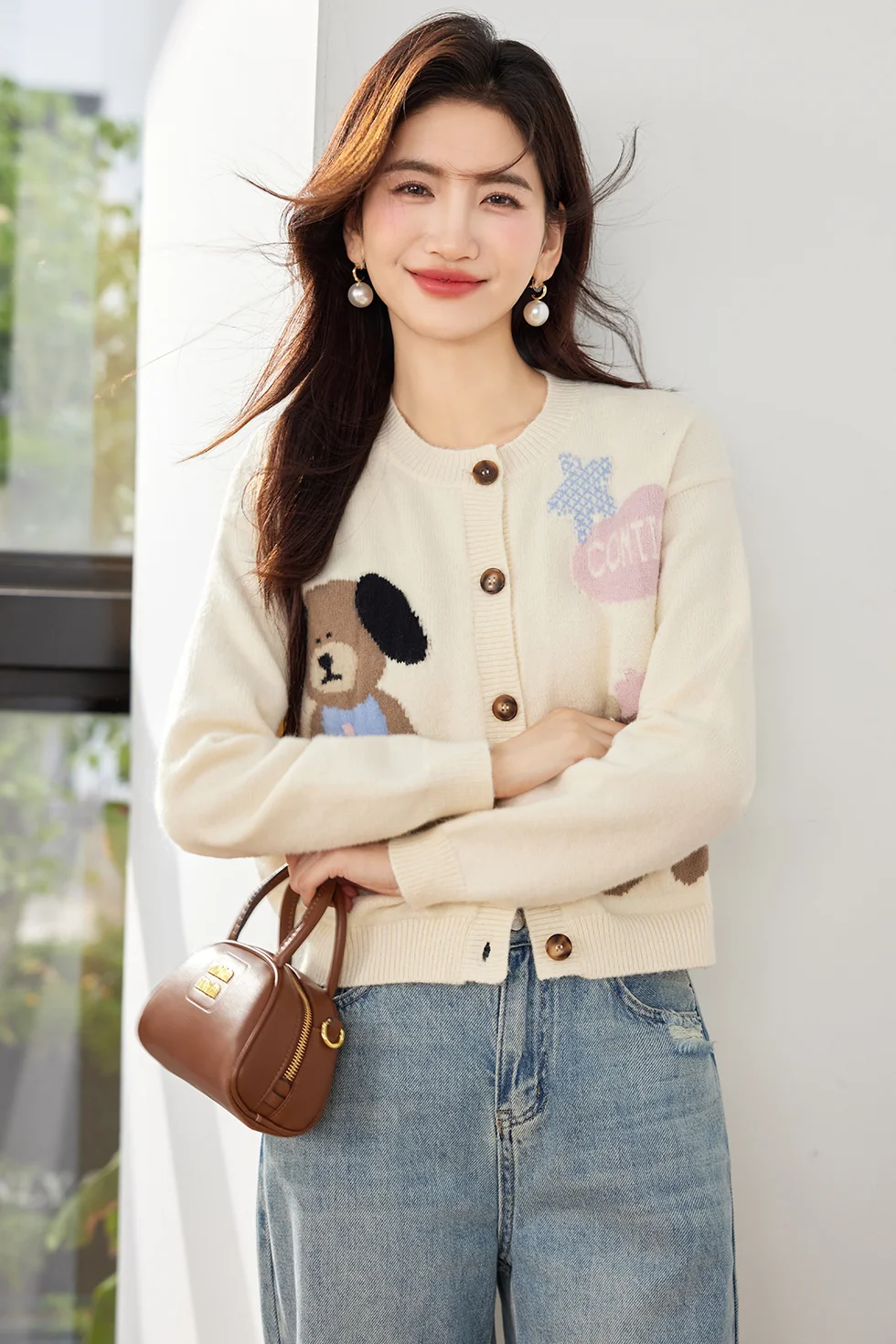 Korean Sweet Cartoon Teddy Bear O-Neck Jacquard Sweater Knitted For Women Autumn and Winter New Fahion Versatile Casual Top