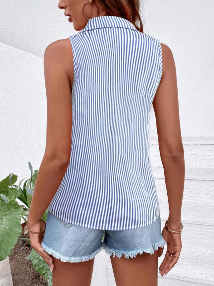 Chemisier sans manches rayé pour femme – Chemise boutonnée décontractée d'été avec col à revers en tissu polyester bleu rose marron