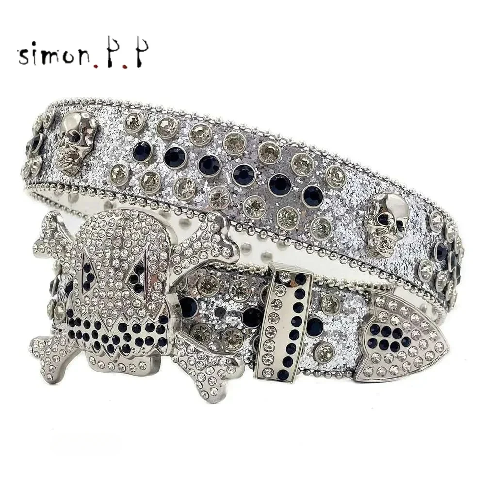 

Punk Skull Western Rhinestones Belt Punk Luxury Designer Brand Bling Diamond Studded Belts Cowgirl Cowboy Cinturones Para Mujer