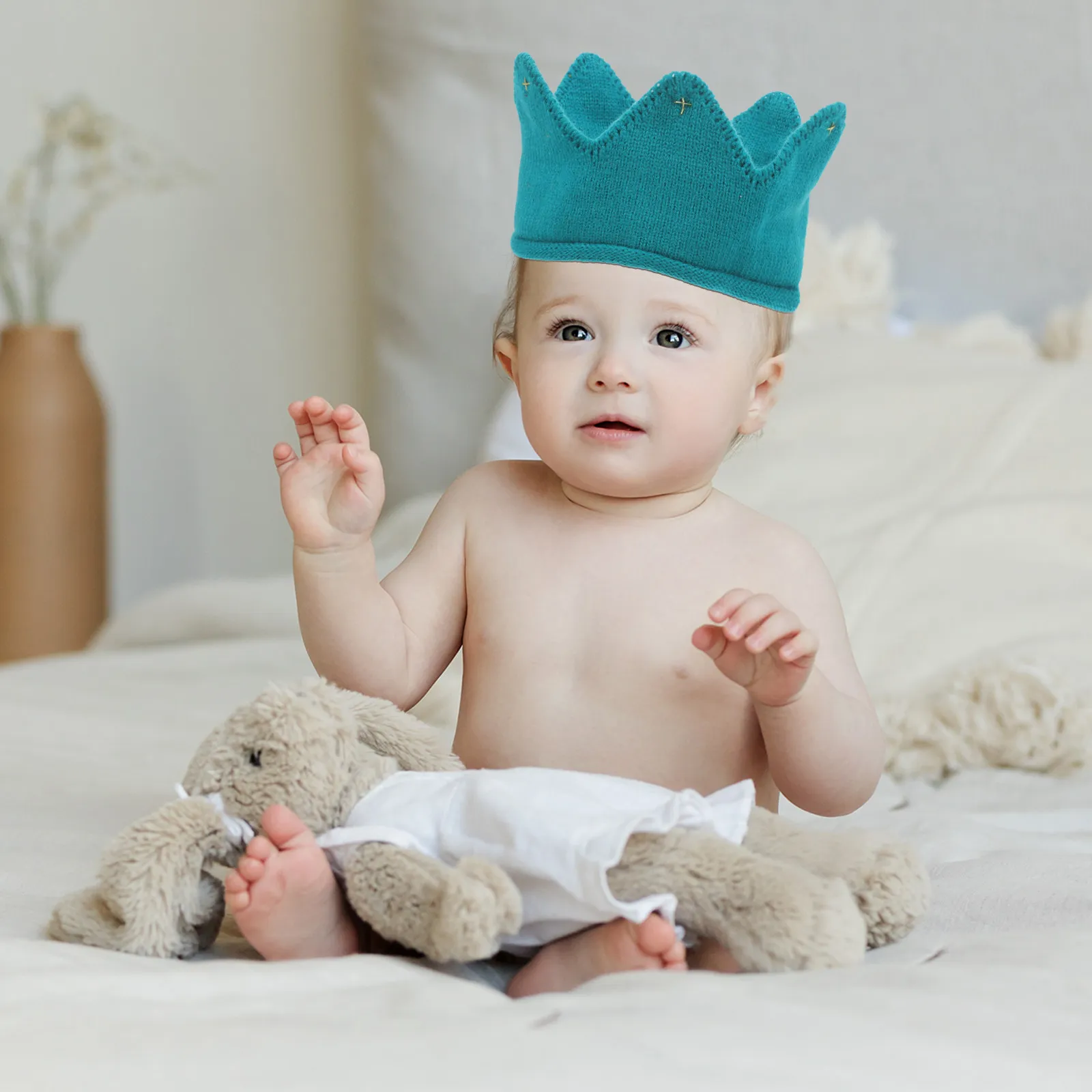 

Детская вязаная шапка-корона для девочек, синяя, теплая, зимняя, эластичная, толстая, вязаная повязка на голову, реквизит для вечеринок и фотосессий, детская вязаная шапка-корона