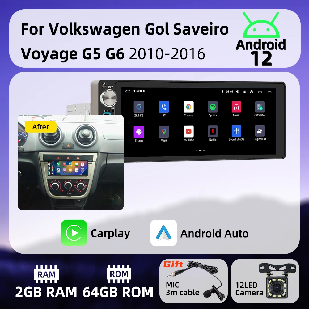 

Carplay Autoradio 6.86" 1Din Radio Android Car Multimedia for VW Volkswagen Gol Saveiro Voyage G5 G6 2010-2016 Stereo Head Unit