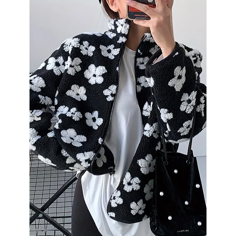 

Black White Jacquard Lamb Fleece Women's Jackets 2025 Winter Thick Warm Long Sleeve Casual Commute Zipper Chic Coats 193456