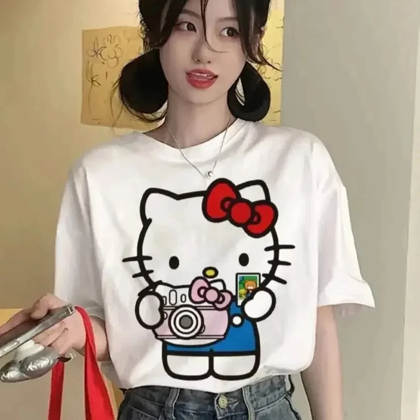 

Hello Kitty Short-sleeved T-shirt Korean Women's 2025 New Summer Oversize Loose Cotton Top T Harajuku Casual and Comfortable