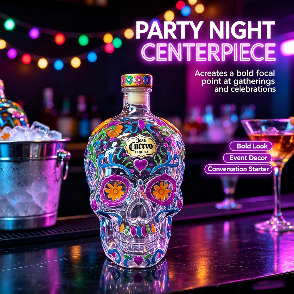 Sugar Skull Liquor Decanter, Hand Painted Dia De Los Muertos Clear Glass Skull Tequila Bottle, Day of the Dead Decor Gift