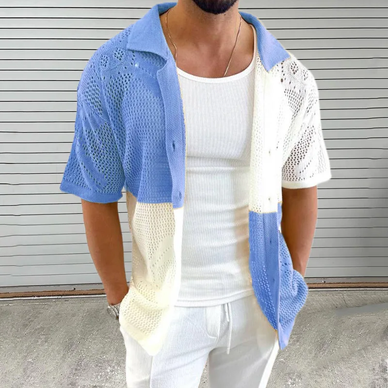 Maglione lavorato a maglia cavo Colorblock Cardigan estivo a maniche corte con risvolto Sottile abbigliamento estivo da uomo di grandi dimensioni