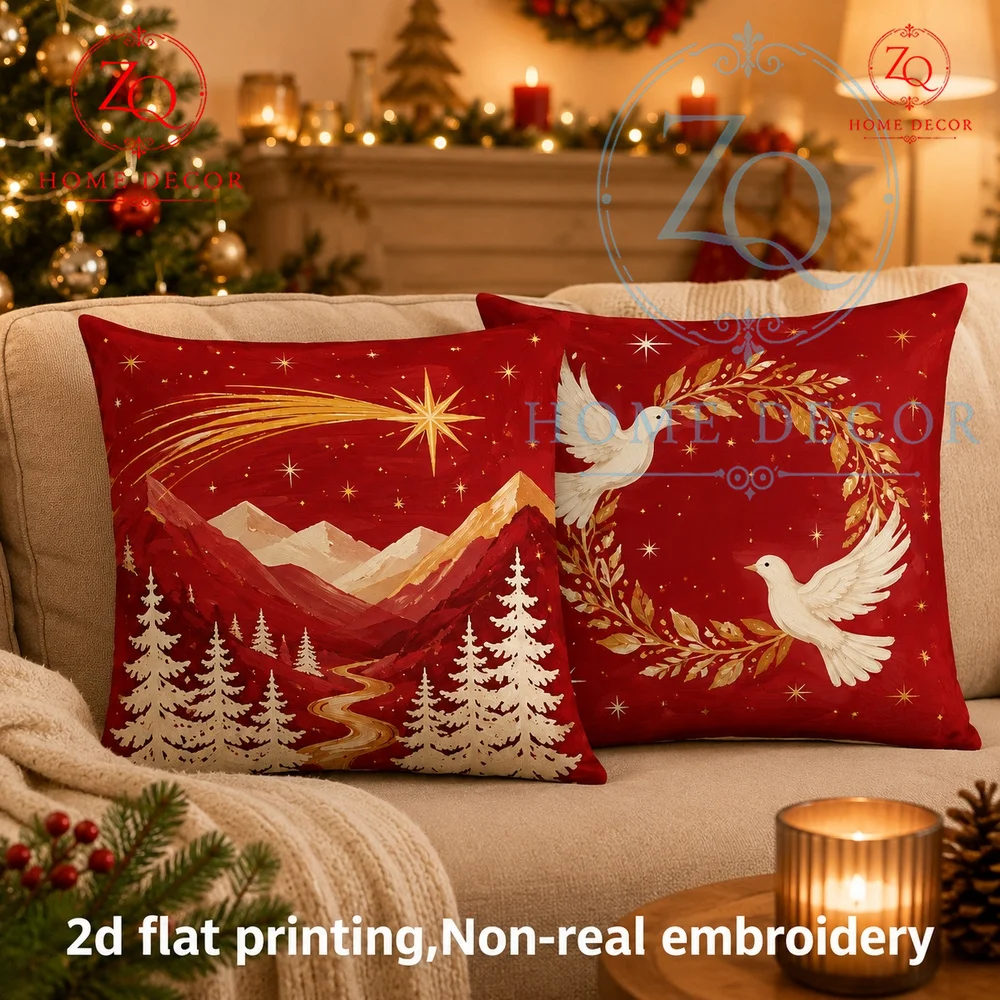 Luxury Christmas Red Throw Pillow Covers Starry Mountain  Peace Dove Festive Cushion Cases for Holiday Home Sofa Decor