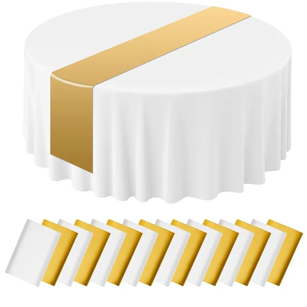

Комплект из 16 одноразовых скатертей и 84-дюймовых круглых пластиковых салфеток (12 x 108 дюймов) с атласными дорожками, белые с золотом, для столов