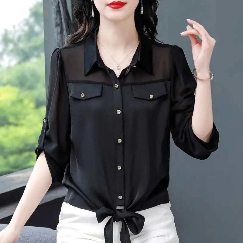 Spring/summer New Women Fashion Chiffon Elegant Temperament Nine Sleeve Shirt Small Western Style Versatile Formal T-Shirt Tops