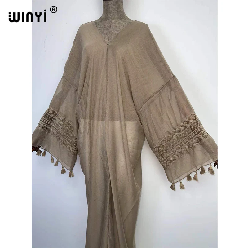 Europe 2022 WINYI V-neck elegant kaftan Women tassel  Long Loose robe femme free size Middle East Female Holiday long dress