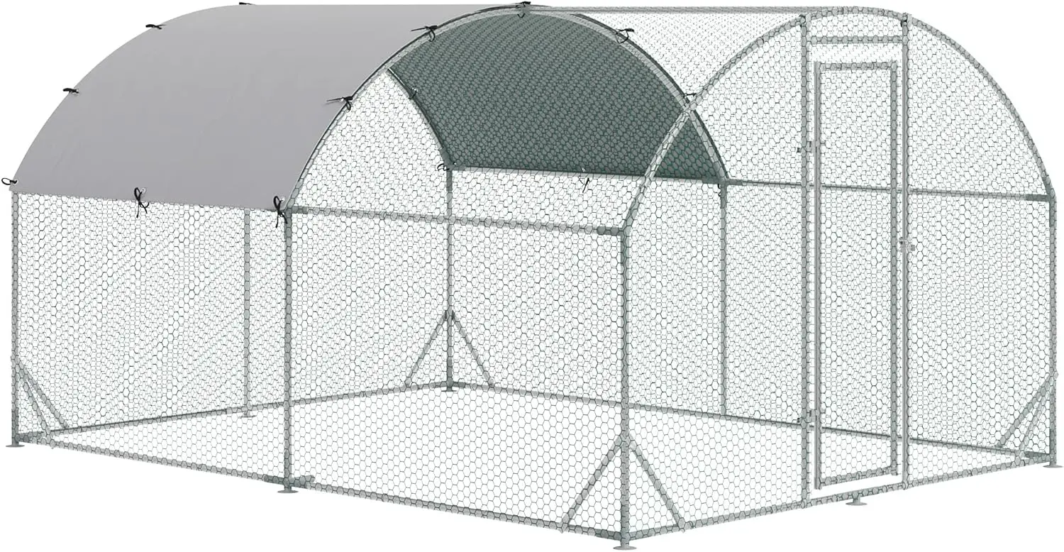 Pawhut Large Chicken Coop Metal Chicken Run With Waterproof And Anti-Uv Cover, Dome Shaped Walk-In Fence Cage Hen House For