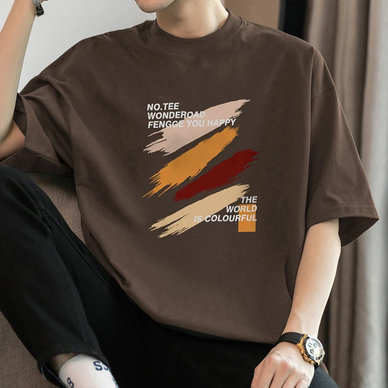 Heavyweight Cotton T-Shirt Men's Short Sleeve Printed Loose Fit round Neck Breathable Casual Cotton Polyester Blend Summer Top image 4