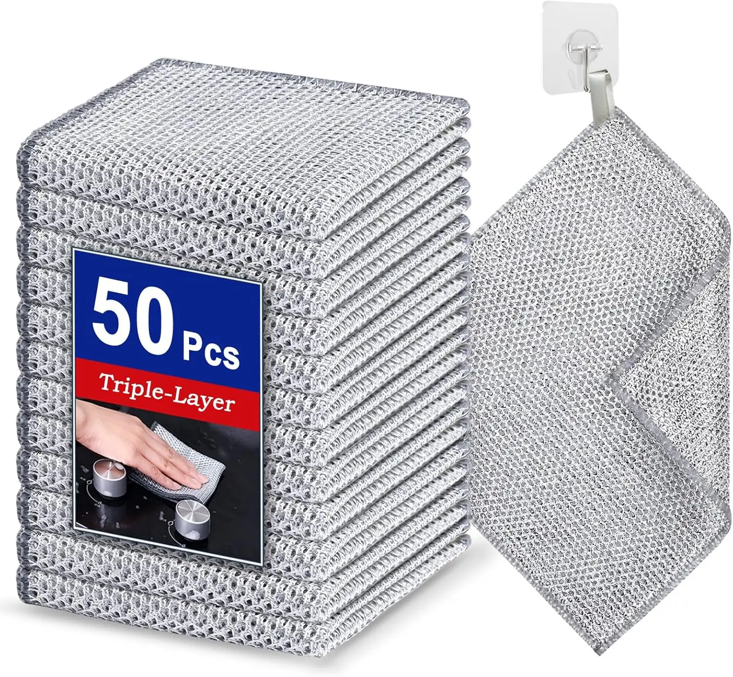 

50Pcs New Upgrade 3-Layer Metal Dish Cloths, Non-Scratch Odor-Free Multipurpose Wire Dishwashing Rags for Wet Dry Use(7.87X7.87)