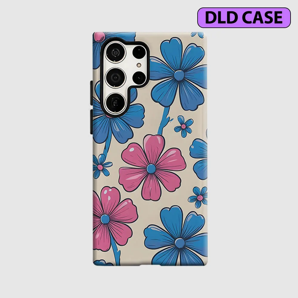 Retro Blue & Pink Blooms For Samsung Galaxy S26 S25 S24 A56 A36 Dual Layer Luxury Fashion Full Lens Protective phone Cover