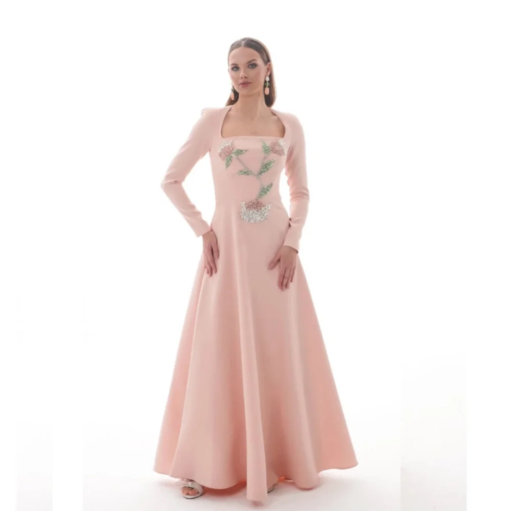 Maßgeschneidertes Exquisites Glitzer-Abendkleid Quadratischer Ausschnitt A-Linie Langes Kleid Rosa Hochzeitsparty-Kleid Hochwertige Formelle Kleidung