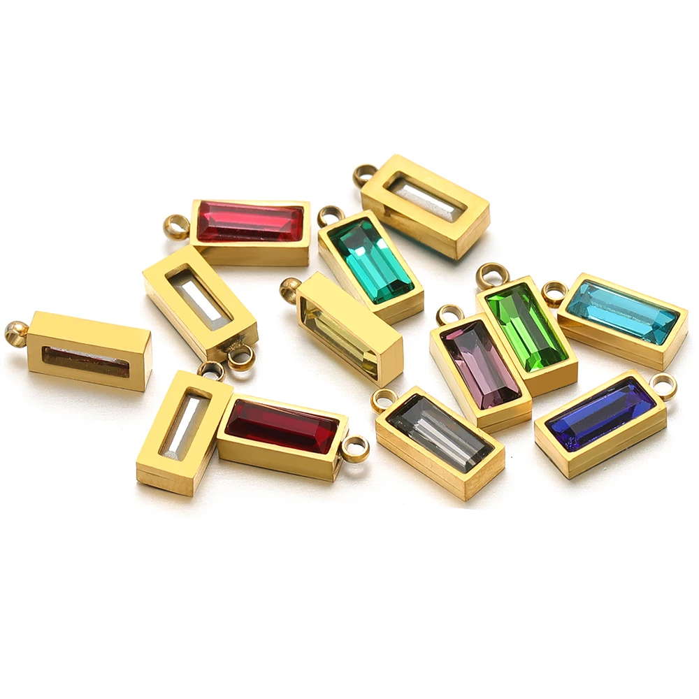 5pcs No Fade Stainless Steel Birthstone Charms Colorful Rectangle Glass Pendants for DIY Girl Jewlery Material Necklace Findings