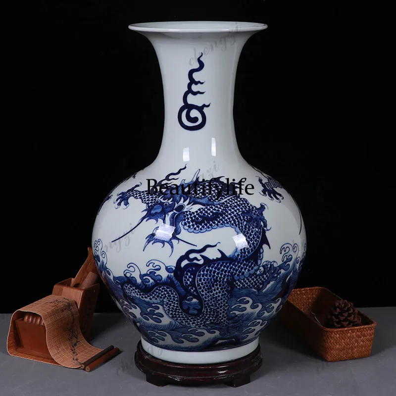 Jingdezhen ceramics antique blue and white porcelain dragon pattern large vase living room modern home decoration