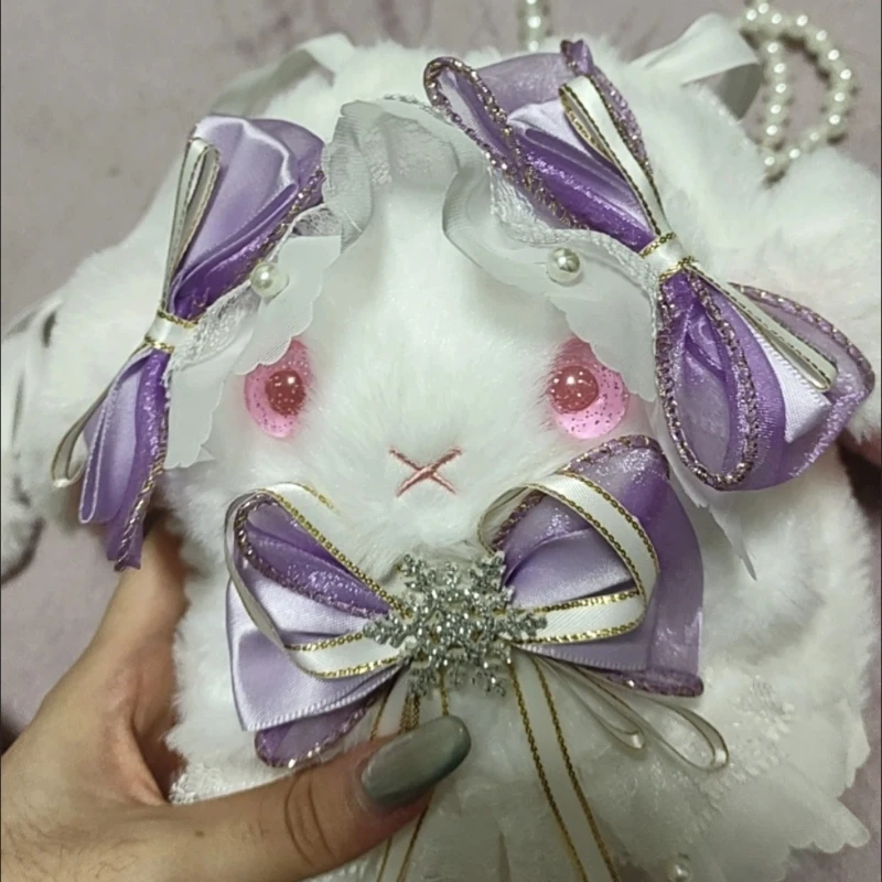 اليابانية لوليتا أرنب حقيبة ألعاب من نسيج مخملي لطيف قلادة دمية فتاة لعبة حقيبة كروسبودي اللؤلؤ سلسلة أرنب شفاء لينة لطيف دمية حقيبة