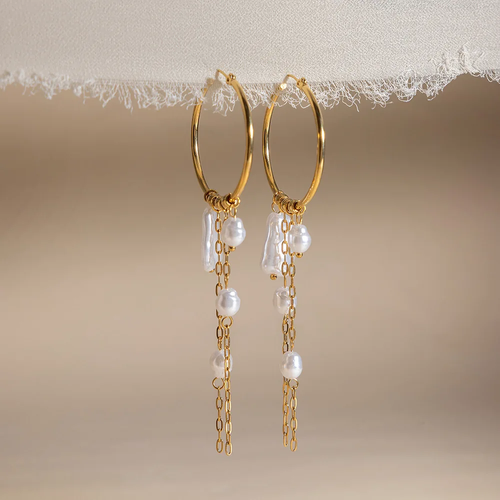 Statement Hängende Lange Metallketten-Ohrringe Edelstahl 18K Vergoldet Perlen-Quasten Huggie Hoop Ohrringe Charm-Schmuck
