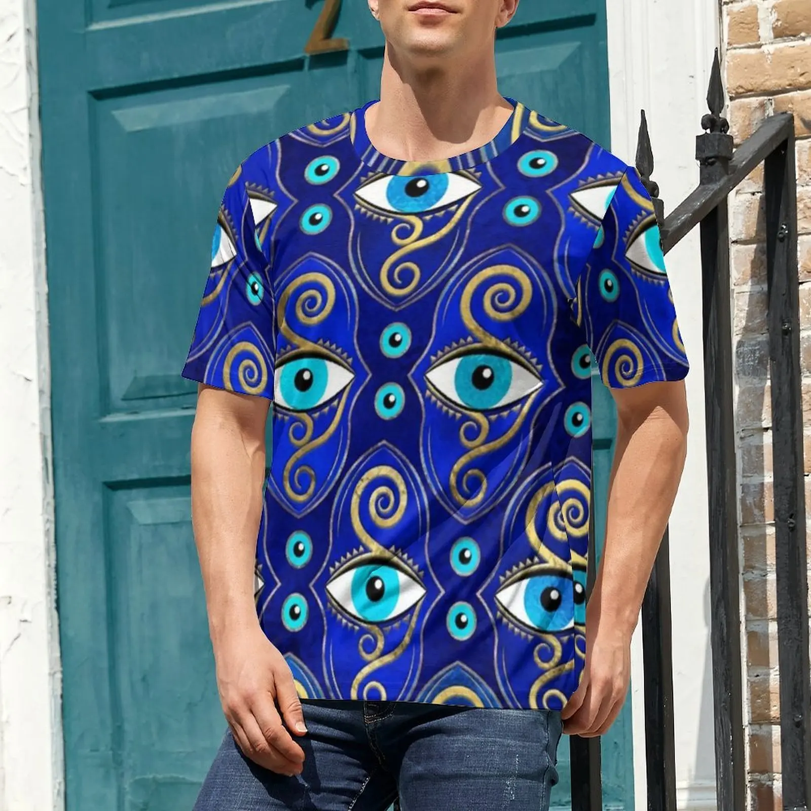 Man Evil Eye Charm Pattern T-Shirt Greek Eyes Mati Amulet Trending T-Shirts Short Sleeves Tshirt Hot Summer Oversized Clothing