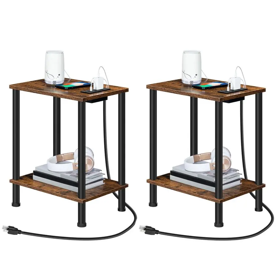 

Side Table with Charging Station, Set of 2 End Tables with USB Port and Outlets, Nightstand with 2Layer Storage Shelves for Sma