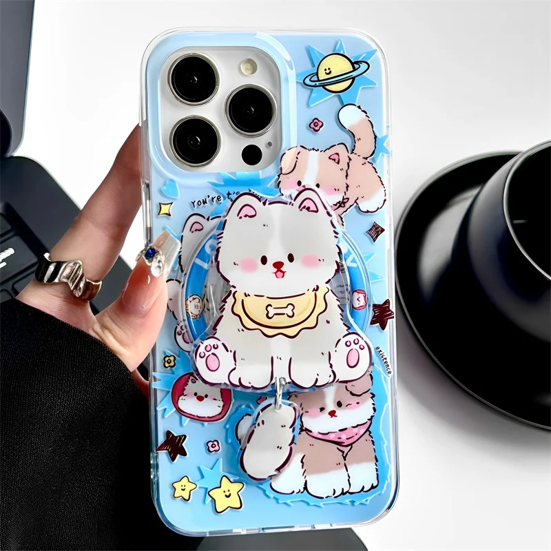 Lindo cachorro y gatito coreano para Magsafe, agarre magnético para teléfono Tok Griptok, soporte para iPhone 16, funda de carga inalámbrica, soporte de anillo