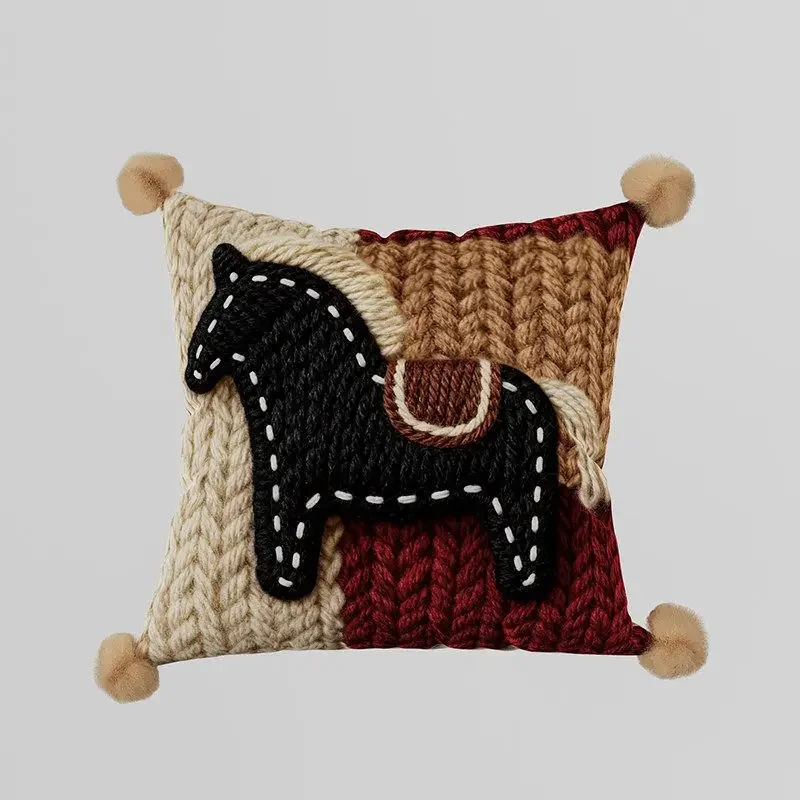 Cute Red Year of Horse Long Lumbar Throw Pillow for Living Room Sofa New Year Festive Car Nap Cushion